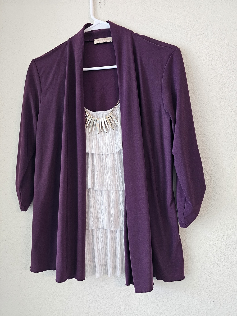 Draped Blouse in Deep Plum White Ruffle Under Shirt - Necklace